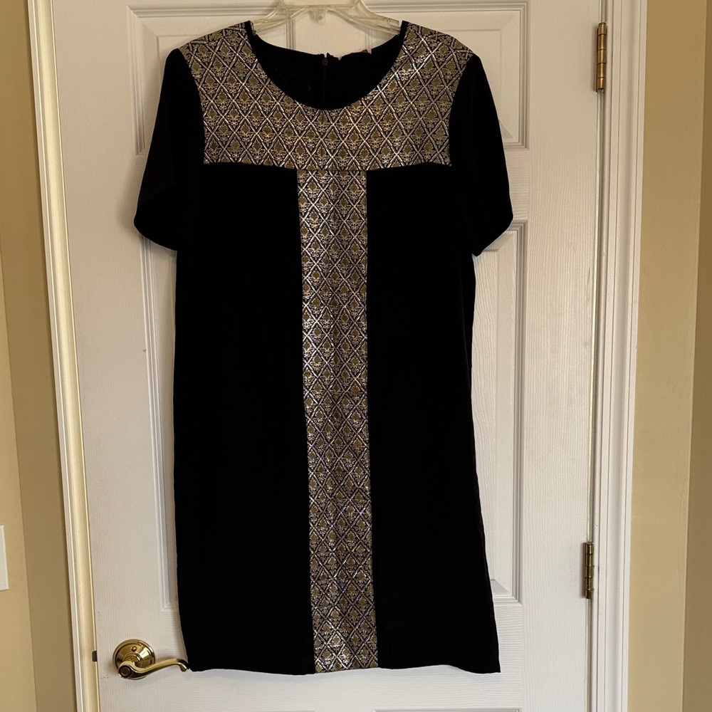 NWT metallic Black Silver Gold Geometric Dress India party Silk